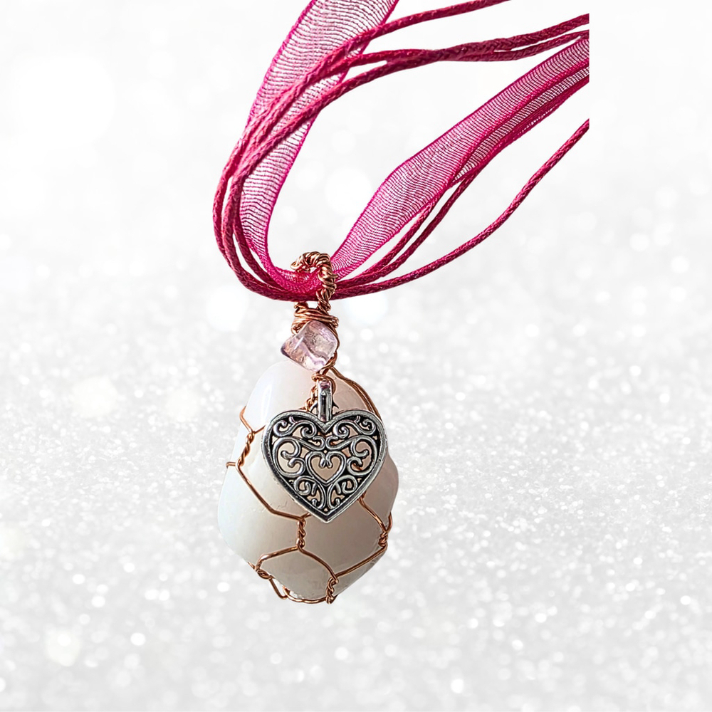 Milky Rose Quartz & Rainbow Fluorite Cage Necklace | Hand-Wrapped Copper with He